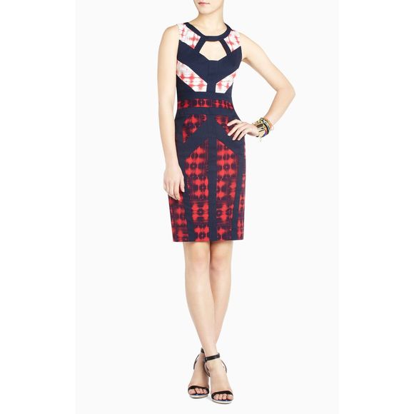 BCBGMaxazria Averie Ikat Red Blue Sheath Dress - Picture 2 of 9